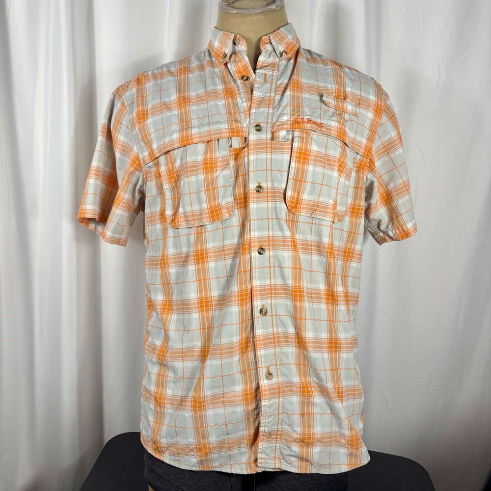 L.L. Bean Orange and White Plaid Vented Short-Sleeve Button-Down Fishing Shirt